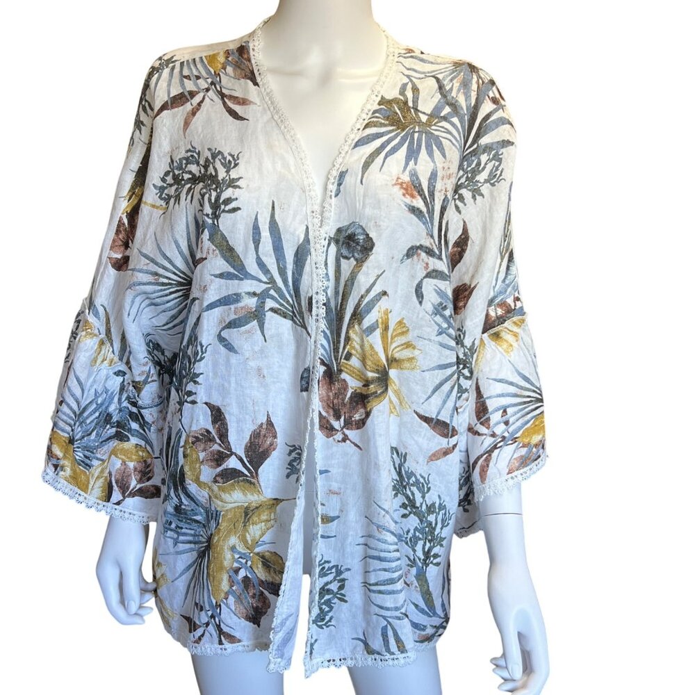 Francesca Bettini Boho Floral Print Open Front Kimono Cardigan Lace Trim OSFM